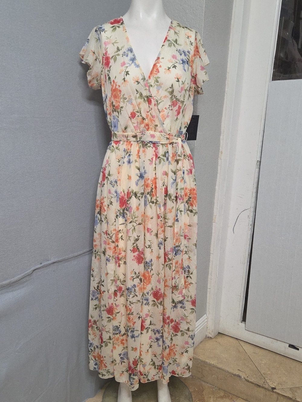 Women's Alexa B Floral Maxi Dress, Beige and Pink Sz 4 P P2p 19